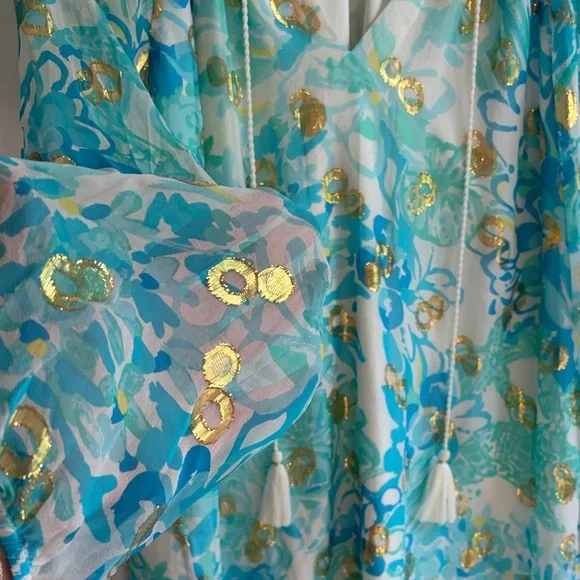 Lily Pulitzer silk tunic dress with blue floral and metallic pattern, spring! - Picture 4 of 10